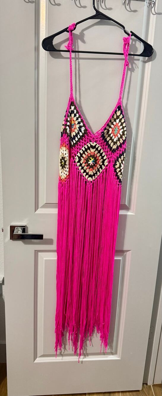 Pink Crochet Fringe Beach Cover Up Dress Size M